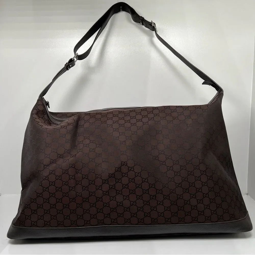 Gucci Monogram GG Nylon Boston Duffle Travel Bag Leather Brown 2Way105669